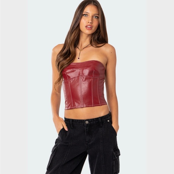 Edikted Tops - Edikted Strapless Red Leather corset Top